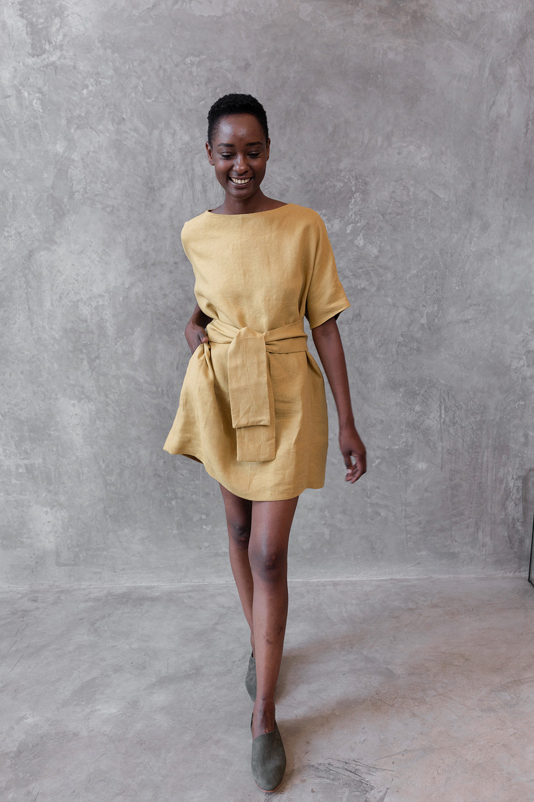 Linen Oversized Short Dress Mustard