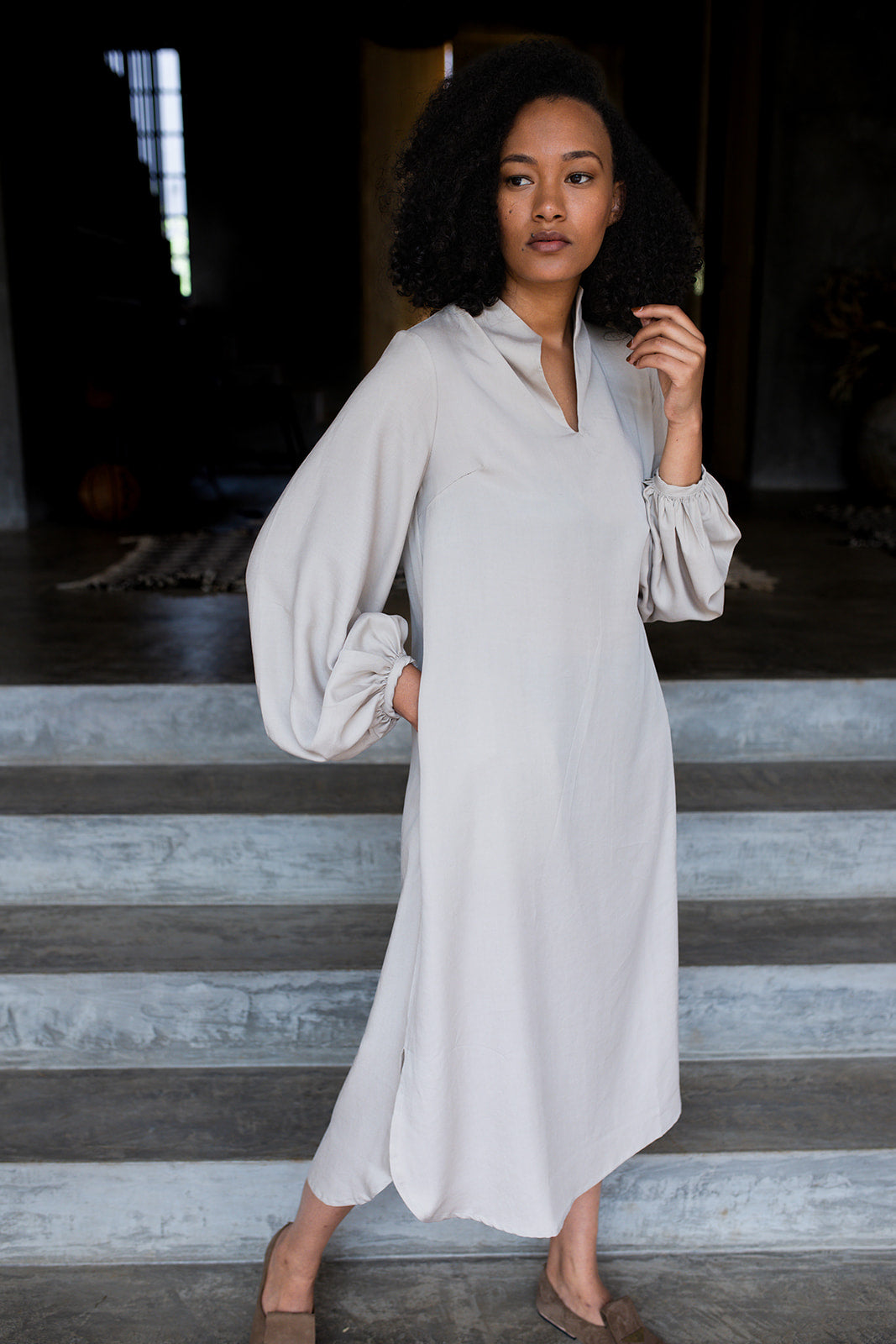 Puffy Sleeve Dress Midi with Tassel