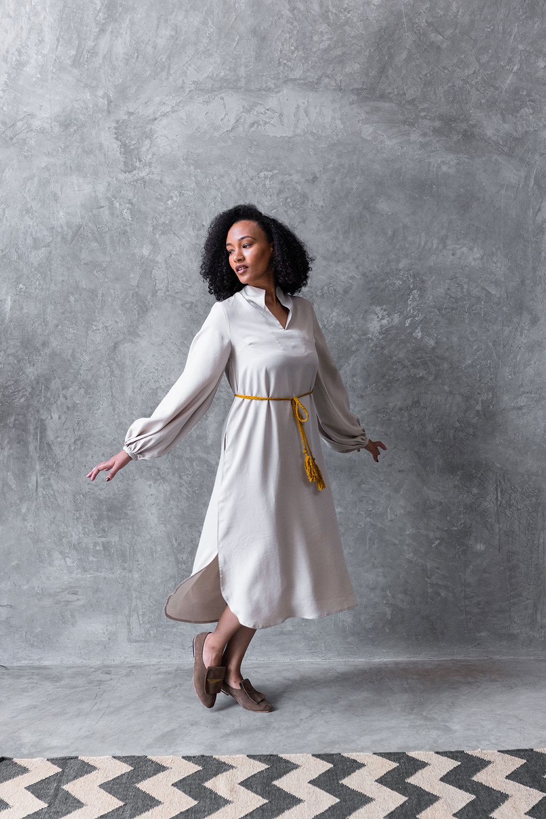 Puffy Sleeve Dress Midi with Tassel