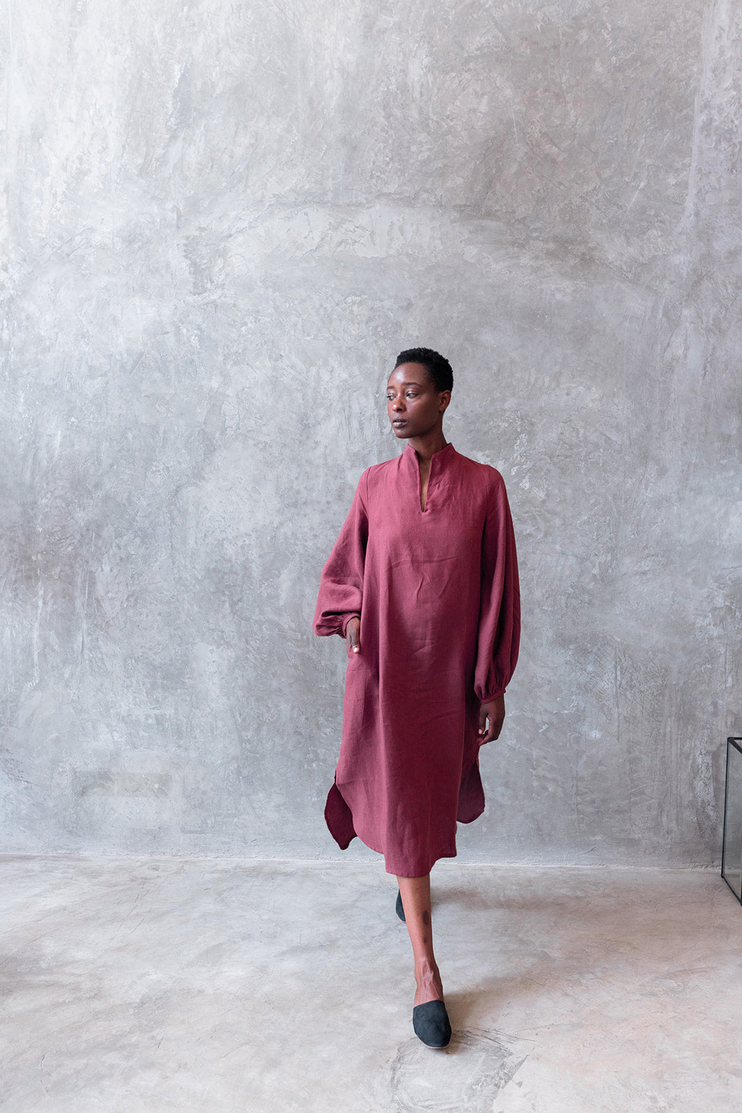 Terracotta Linen Puffy Sleeve Dress With Wolen Tassel Long