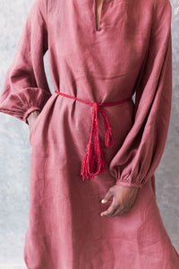 Terracotta Linen Puffy Sleeve Dress With Wolen Tassel Long